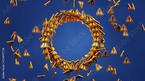 Yellow warning signs forming a circular ring while more alerts floating around it. Concept of recurring problems, risk, caution, system alerts, errors and continuous issues. 3D Render Animation