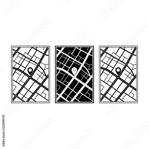 Set of five stylized black and white city maps with location pin icons on white background