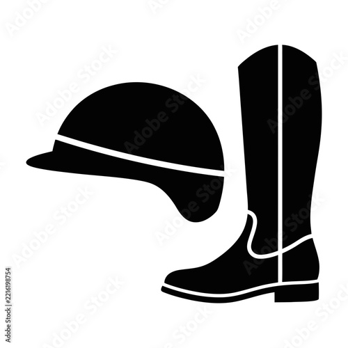 Black Silhouette of Equestrian Riding Helmet and Tall Boot with White Accents