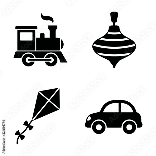 Black Silhouette Icons of Train, Car, Kite and Ornament on White Background