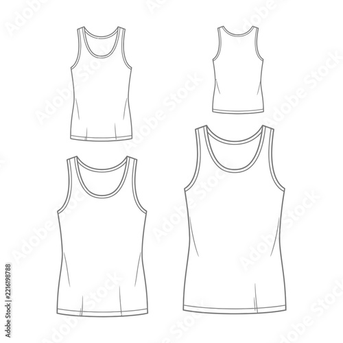 Hand Drawn Tank Top Line Art Sketches, Minimalist Sleeveless T Shirt Garment Design Outline