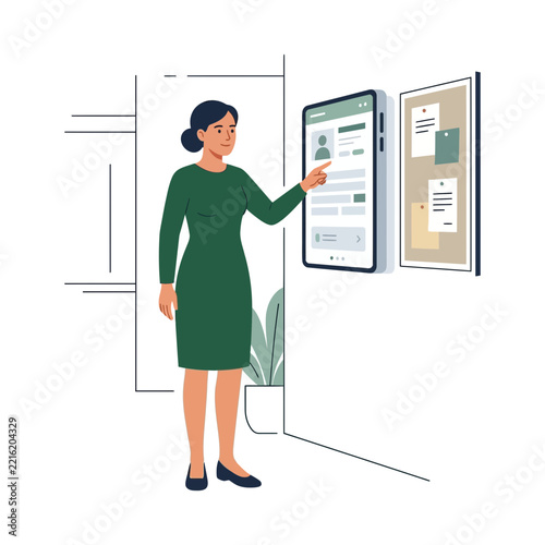 Businesswoman Interacting with Digital Interface and Bulletin Board in Modern Office Setting