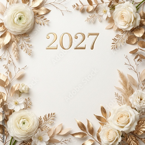 Elegant Floral New Year 2027 Greeting Card with Golden Numbers and White Flowers