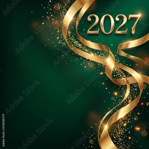 Luxury New Year 2027 Greeting Card with Flowing Gold Ribbons and Sparkles