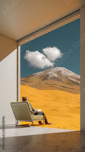 Desert Oasis Workspace - A lone ergonomic chair and floating screen surrounded by shifting sand dunes inside a white cube