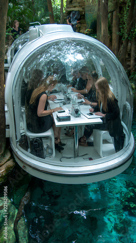 Aquatic Meeting Pod - A submerged glass office bubble with divers taking notes on waterproof tablets, tropical fish swimming through