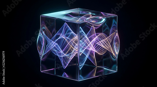 Futuristic Glass Cube with Glowing Quantum Waves, Futuristic Abstract 3D Geometric Block, Modern Cyberpunk Light Effect Background