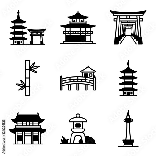 Kyoto landmarks and travel symbols black line icon set vector