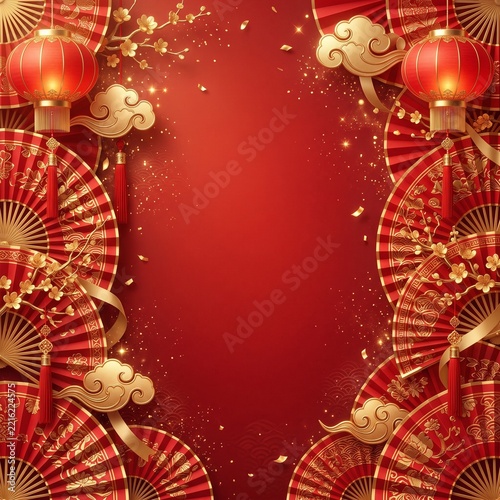 Luxury Lunar New Year Greeting Card with Red Fans, Golden Details and Lanterns