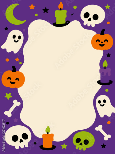 Cute Halloween border frame with spooky elements on purple background - Variation 3.
