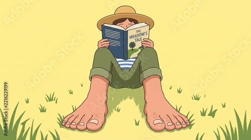 Person wearing a hat reading a book titled The Meadows Tale while sitting in a grassy field