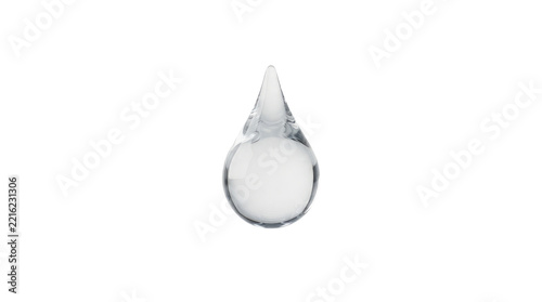 A single pristine clear water droplet positioned in the exact center of a solid white background featuring D rendered highly glossy dimensional style with realistic refraction highlights