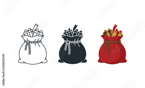 Three Element Set santa claus gift bags containing wrapped presents isolated on white background