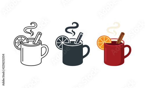 Three Element Set stylized icons featuring mugs of mulled wine with orange slices and cinnamon sticks