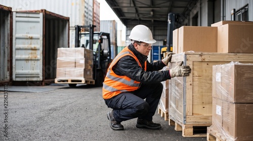 Warehouse worker in safety vest and hard hat inspects wooden crate and boxes on pallets near shipping containers and forklift