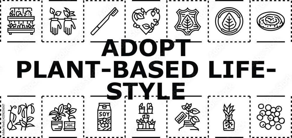 Fototapeta premium Adopt plant-based lifestyle banner infographic. Balance greens, tofu wellness, environment health icon vector illustration