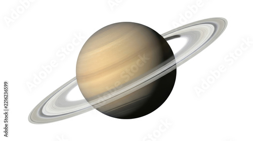 Detailed 3D digital illustration of planet Saturn centered against a solid white background, showcasing its prominent ring system tilted diagonally from the lower-left corner up to the upper-right