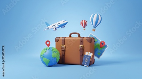 Brown suitcase with globe map passport airplane and hot air balloons on a light blue background with vacation