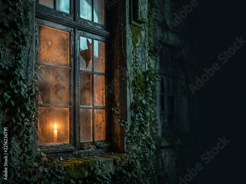 A flickering candle illuminates a broken window in an old, ivy-covered building at night, creating a mysterious and atmospheric scene.