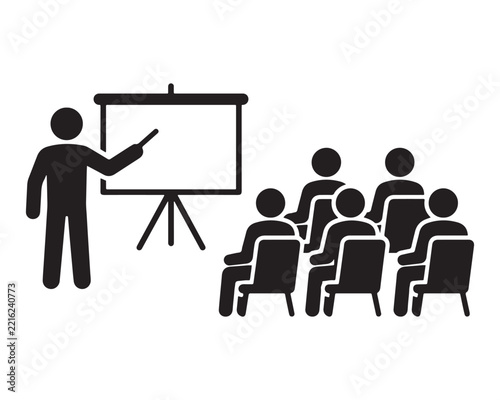 Instructor presenting information to an audience on a projection screen with presentation icon audience sitting business seminar training session teacher icon educational lecture group meeting