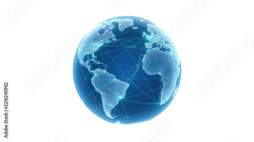 A detailed 3D rendered blue planet Earth sphere on a white background, featuring glowing cyan data connection lines and intricate telecommunication networks spanning across the visible continents