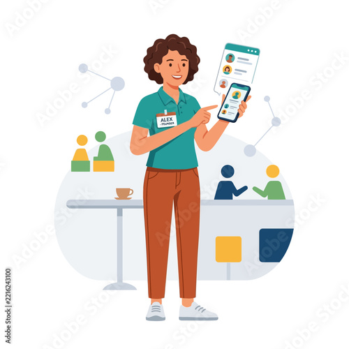 Woman presenting a social network app on a smartphone, illustrating connectivity and collaboration in a modern setting.