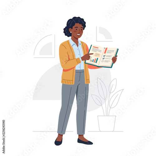 Woman Presenting Data Analysis and Business Report with Charts and Checklist