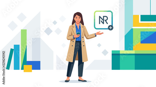 Woman Presenting Digital App with Charts and Abstract Architecture