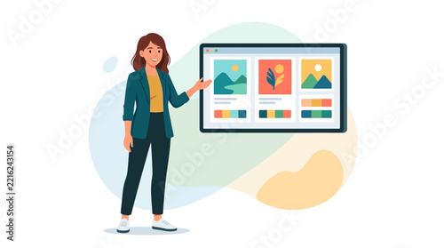 Woman Presenting Digital Design Project on Screen with Color Palettes and Images