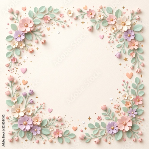 Cute Pastel Floral Background with Flowers, Leaves, Hearts and Sparkles