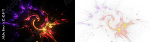 Abstract cosmic energy swirl with vibrant purple, red, and yellow glowing light trails on a black background, digital art composition isolated on transparent background