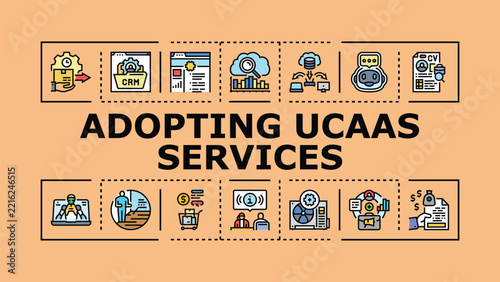 Adopting ucaas services banner infographic. Unified enterprise, adoption communications, voice service icon vector illustration