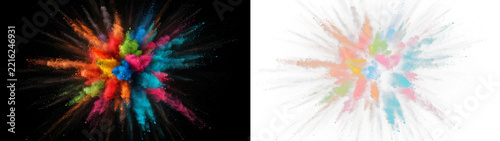 Vibrant colorful powder explosion isolated on transparent background and black background, creative abstract design with bright particles spreading in all directions