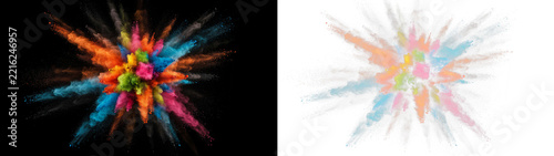 Vibrant explosion of colorful powder particles, dynamic burst of bright pigment dust creating a festive and energetic abstract background effect isolated on transparent background