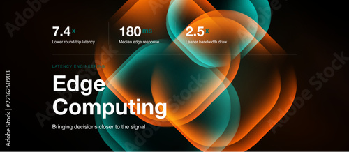 Abstract design showcases edge computing concept. Metrics highlight latency, response time, bandwidth improvements. Modern visual presentation.