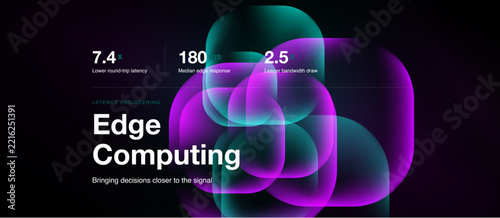 Dark background features abstract glowing shapes, text highlights edge computing benefits. Numbers indicate latency, response, bandwidth improvements.