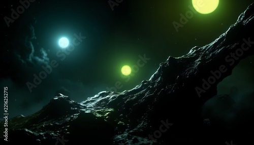 Dark Alien Mountain Landscape with Green Lights