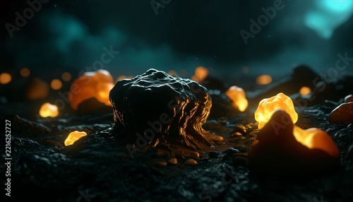 Dark Organic Alien Pod Among Amber Crystals