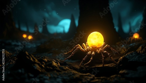 Alien Spider Carrying a Glowing Golden Egg