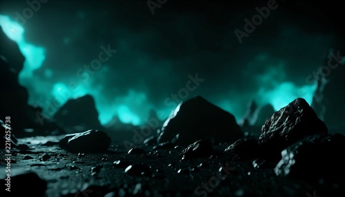 Empty Rocky Alien Landscape beneath Teal Clouds