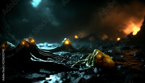 Small Tentacled Alien Creatures near a Volcanic Glow