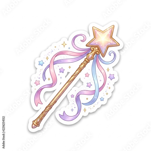 Whimsical Golden Fairy Magic Wand Die Cut Sticker with Sparkling Stars