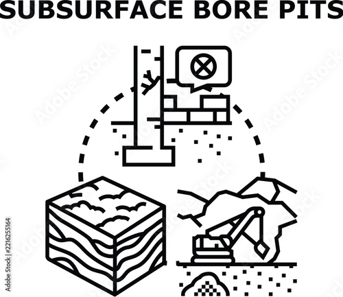Subsurface bore pits concept illustrating soil investigation, earth analysis, and geological research processes using excavation equipment for foundation inspection and underground studies