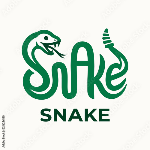 Green snake logo design with stylized typography forming a rattlesnake on white background