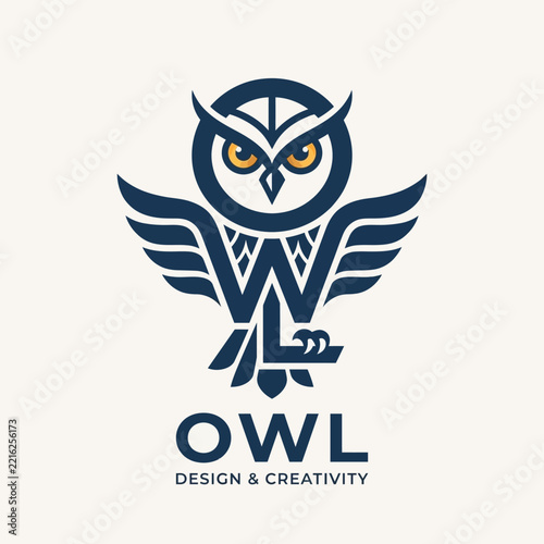 Owl logo design icon featuring stylized wings and geometric details on a cream background