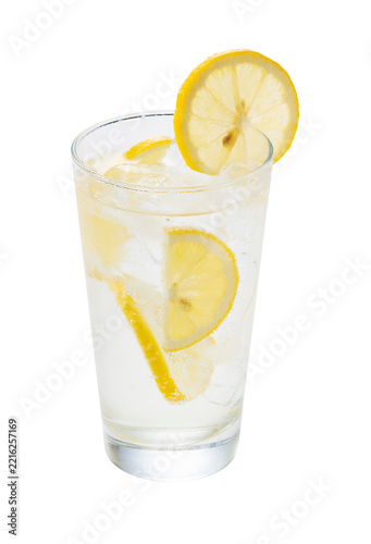 Glass of refreshing cold lemonade with lemon slices and ice isolated on transparent background