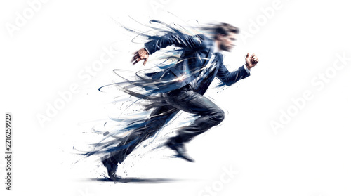 Dynamic businessman running fast with motion smear effect isolated on white background representing high speed.