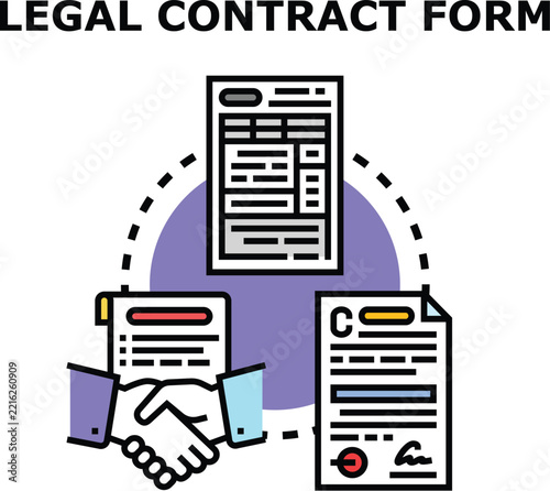 Legal contract form icon concept illustrating a formal agreement, partnership, and document signing process with a handshake and official paperwork