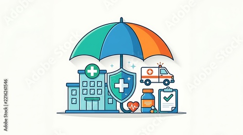 Health insurance coverage concept with umbrella protecting hospital, ambulance, and medical supplies