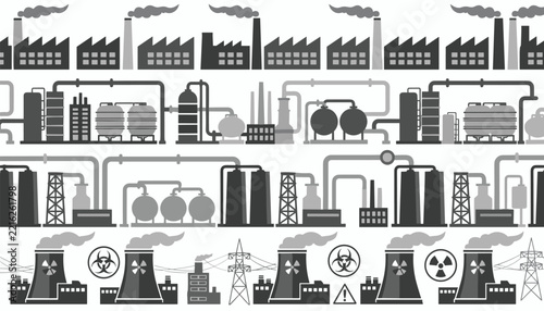 Industrial manufacturing plant silhouettes set in gray tones showing chemical tanks, smoking chimneys, and nuclear power towers.